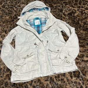 Y2K Aeropostale White Hooded Jacket with Blue Plaid Lining and removable hood